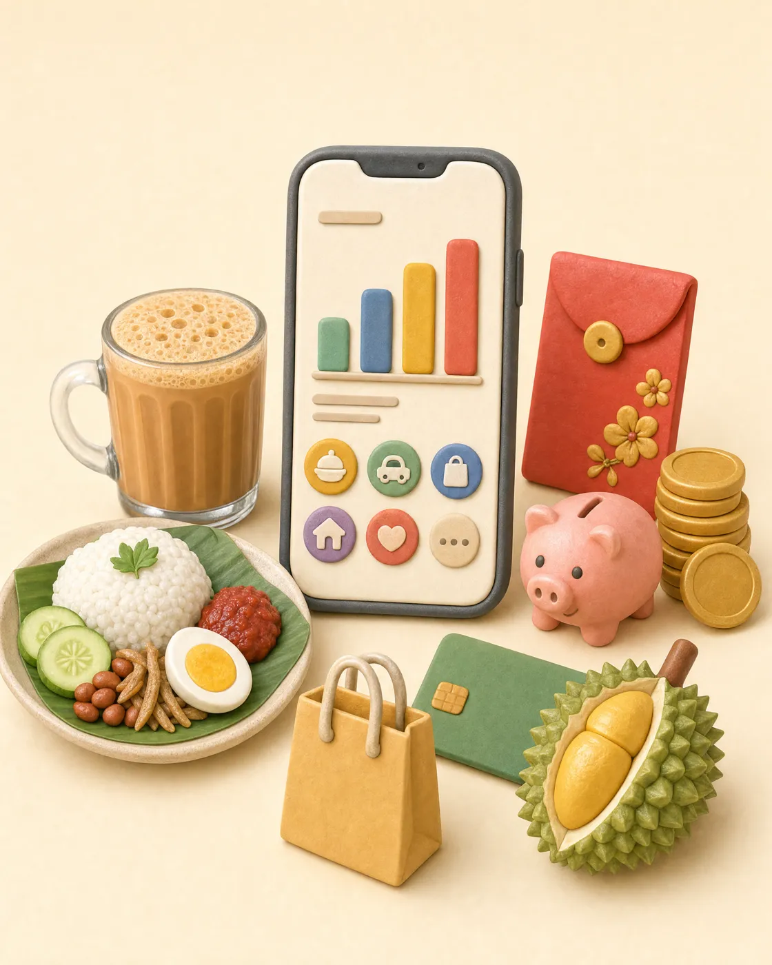 3D clay illustration of a phone with nasi lemak, teh tarik, angpao and a piggy bank