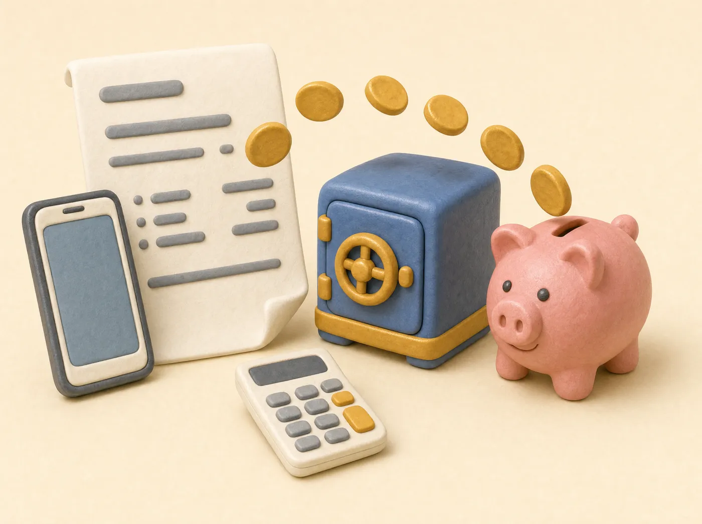 3D clay payslip with coins flowing into a vault and piggy bank