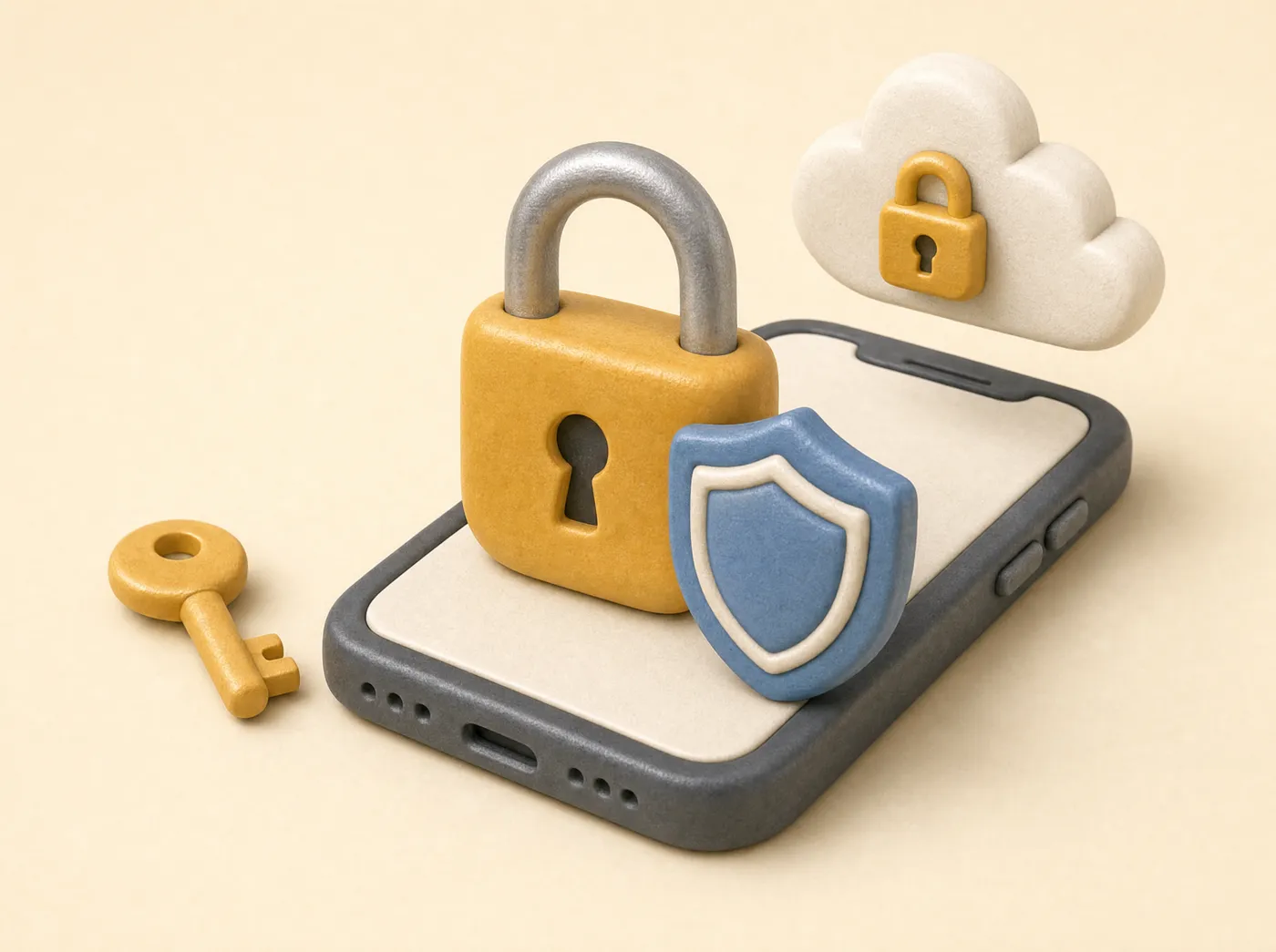 3D clay padlock and shield on a phone